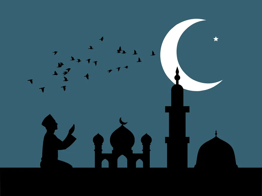 मस्जिद के सामने दुआ करते व्यक्ति का चित्र
